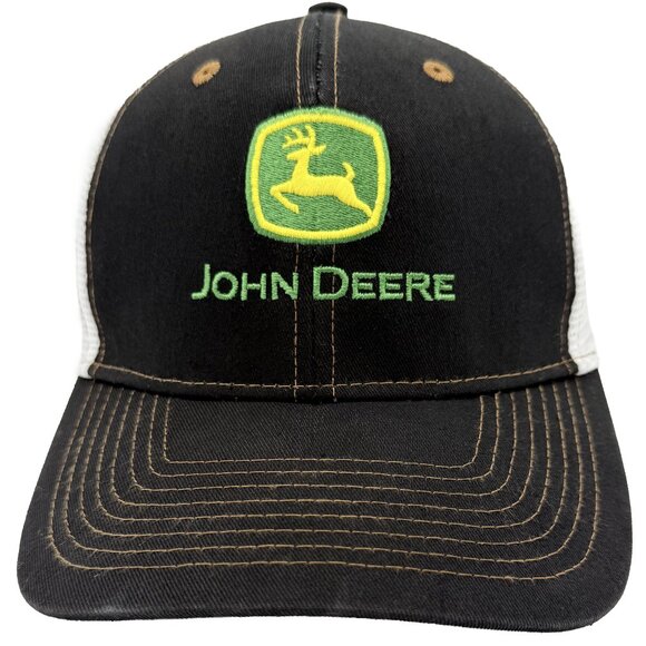 John Deere Black Mesh Back Trucker Hat Cap Snapback Embroidered Logo Farm - Picture 1 of 11